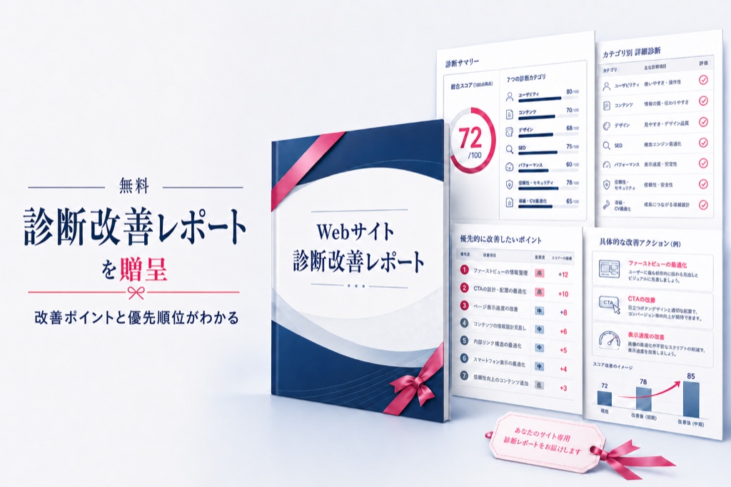無料の診断改善レポートを贈呈。改善ポイントと優先順位がわかる、あなたのサイト専用のレポートをお届けします。